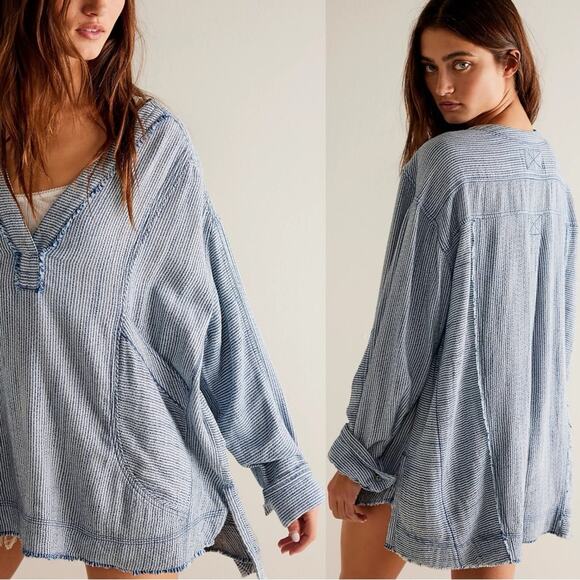 Free People Bohemian By The Shore Tunic Shirt in Indigo Stripe Size XL Coastal - Picture 5 of 11